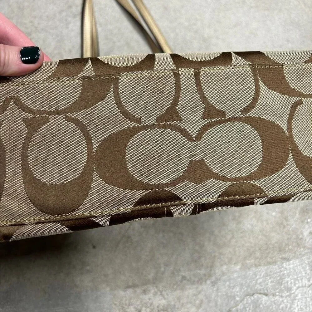 COACH Brown Signature Floral Embroidered Jacquard & Gold Leather Satchel Tote